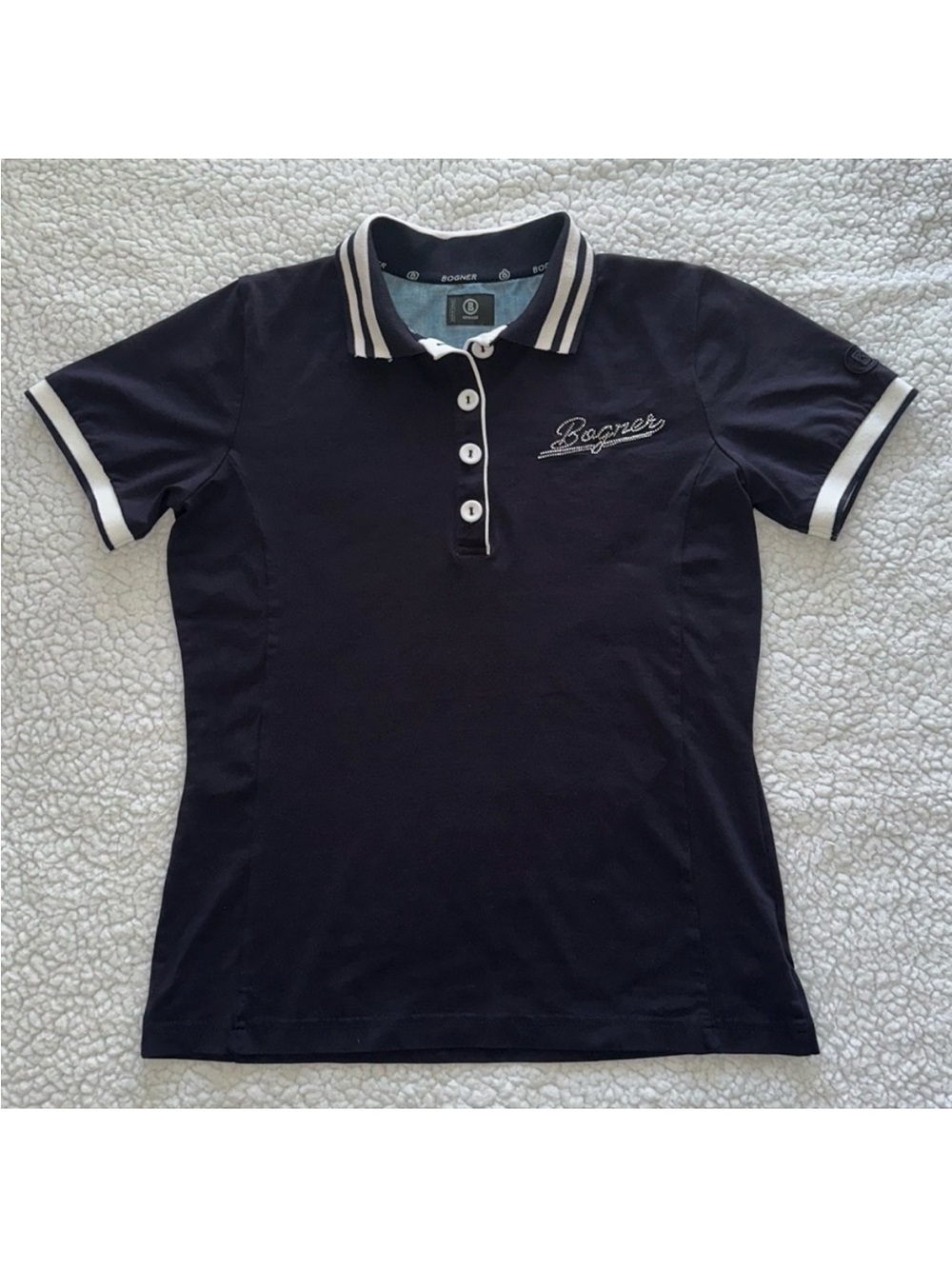 BOGNER navy blue golf polo shirt rhinestones buttons white trim size ML
